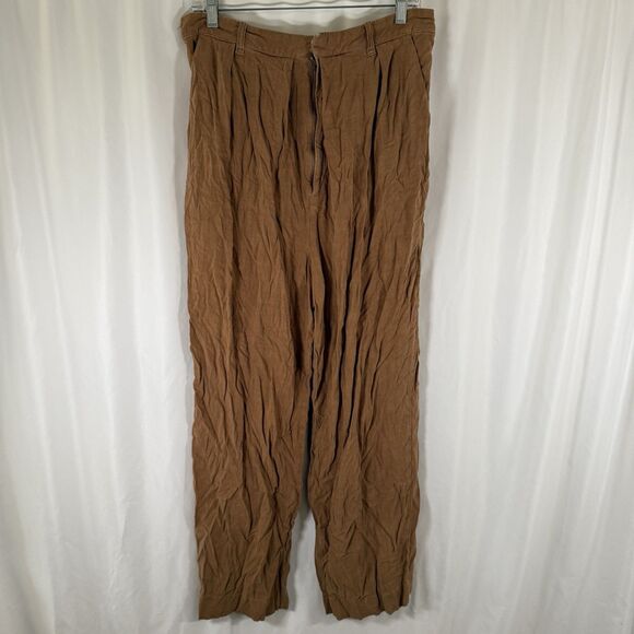 Free People Pants Women's Large Brown Linen Blend Wide Leg Pockets - Picture 1 of 12